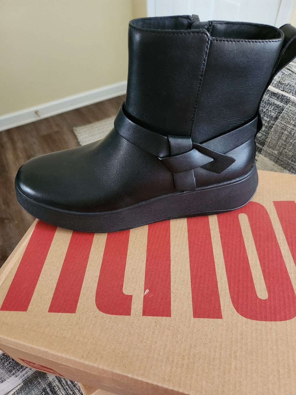 Fitflop Black Leather Ankle Boot with Wrapped Strap Detail
